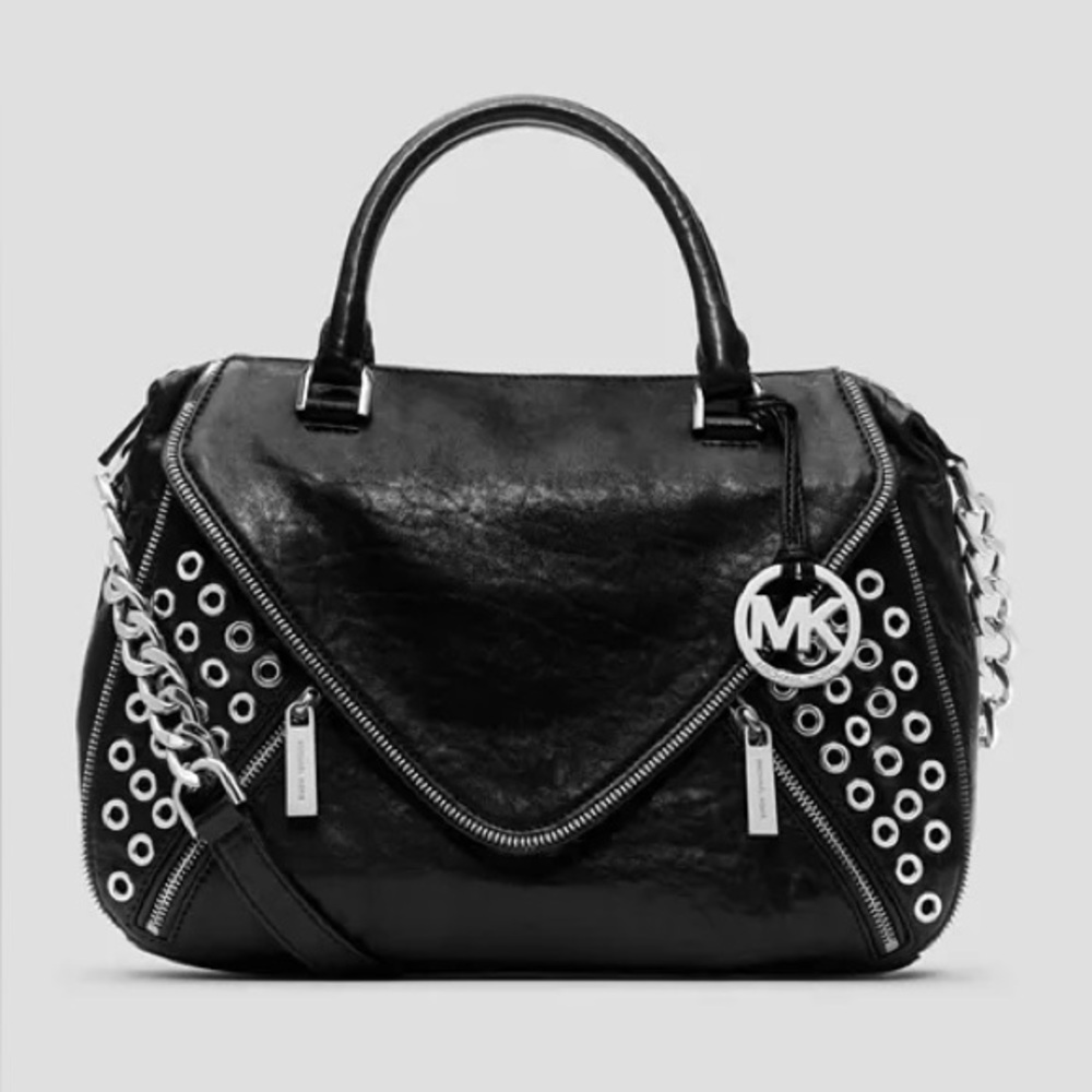 Michael Kors Odette Grommet Large Black Satchel with Silver Accents